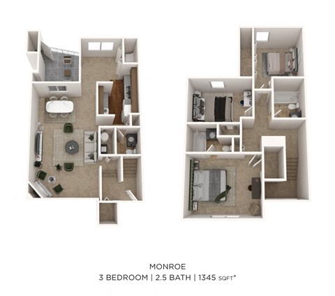 Floor plan for 3 beds, 2.5 baths, 1345 sqft