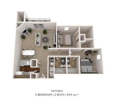 Floor plan for 2 beds, 2 baths, 974 sqft