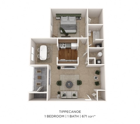 Floor plan for 1 bed, 1 bath, 671 sqft