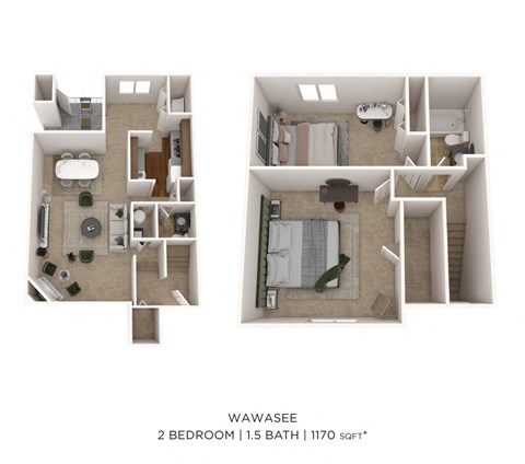 Floor plan for 2 beds, 1.5 baths, 1170 sqft