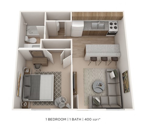 Floor plan for 1 bed, 1 bath, 400 sqft