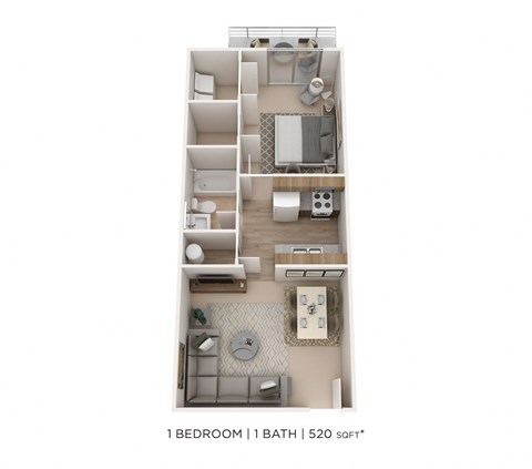 Floor plan for 1 bed, 1 bath, 520 sqft