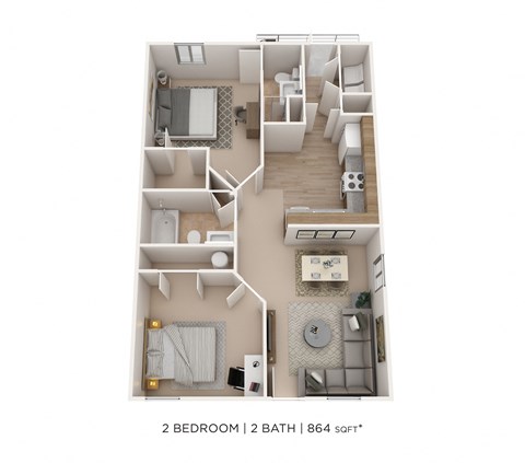 Floor plan for 2 beds, 2 baths, 864 sqft