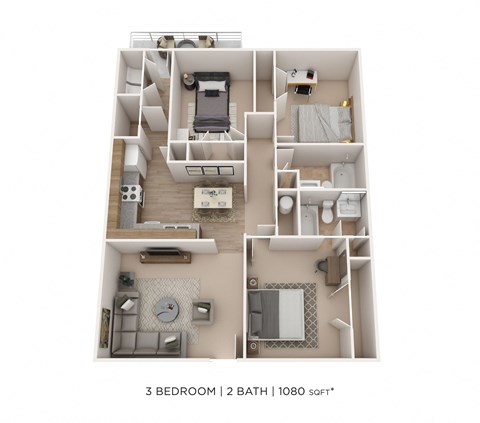 Floor plan for 3 beds, 2 baths, 1080 sqft