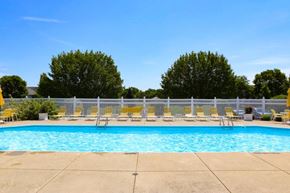 Centerville apartment for rent - A pool surrounded by yellow chairs and trees.