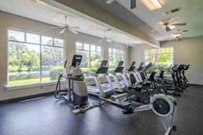 Fayetteville apartment for rent - A gym with treadmills, elliptical machines, and a fan.