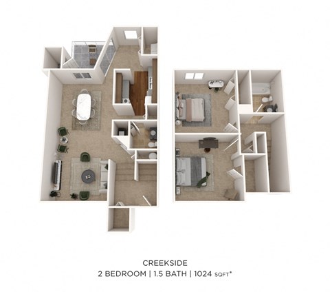 Floor plan for 2 beds, 1.5 baths, 1024 sqft