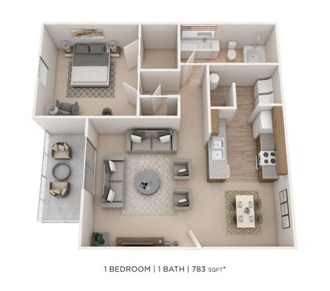 Floor plan for 1 bed, 1 bath, 783 sqft