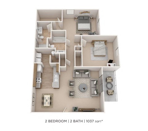 Floor plan for 2 beds, 2 baths, 1037 sqft