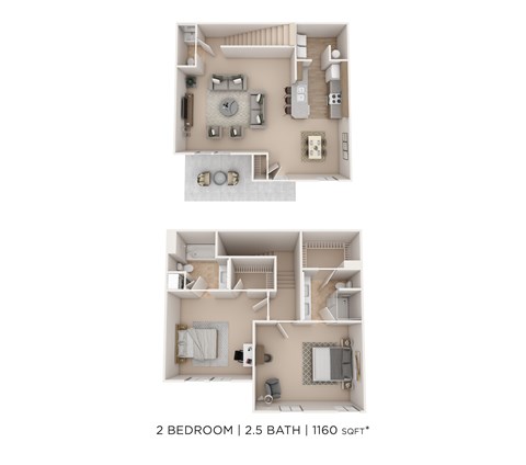Floor plan for 2 beds, 2.5 baths, 1160 sqft