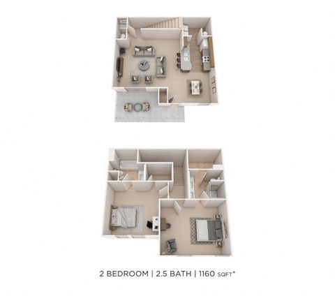 Floor plan for 2 beds, 2.5 baths, 1160 sqft