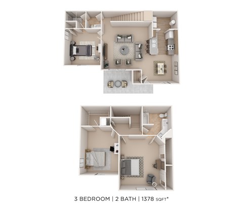 Floor plan for 3 beds, 2 baths, 1378 sqft