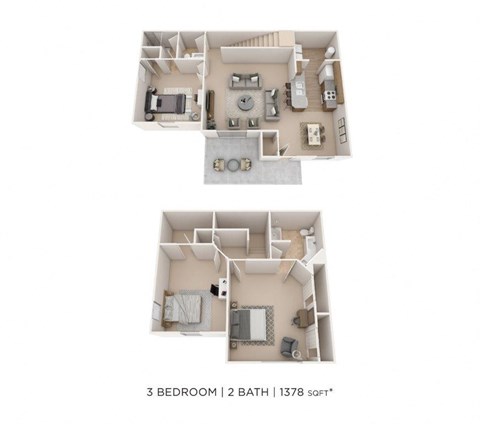 Floor plan for 3 beds, 2 baths, 1378 sqft