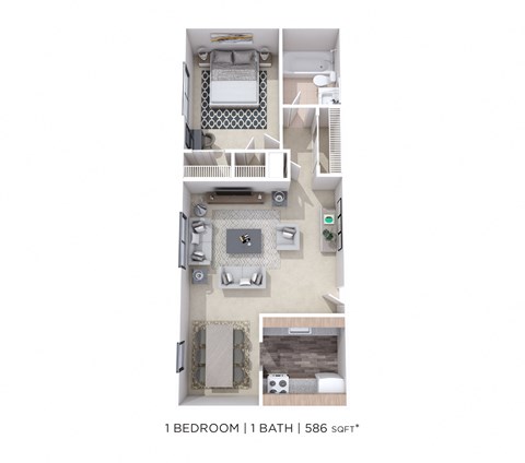 Floor plan for 1 bed, 1 bath, 586 sqft