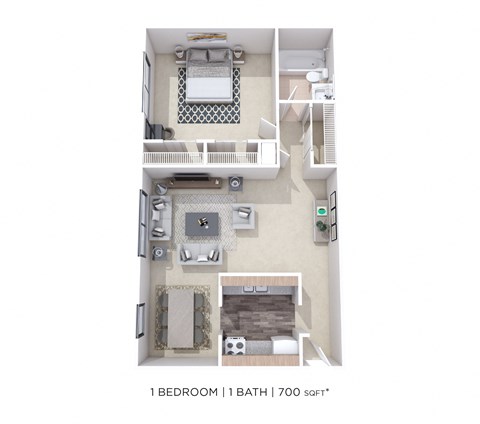 Floor plan for 1 bed, 1 bath, 700 sqft