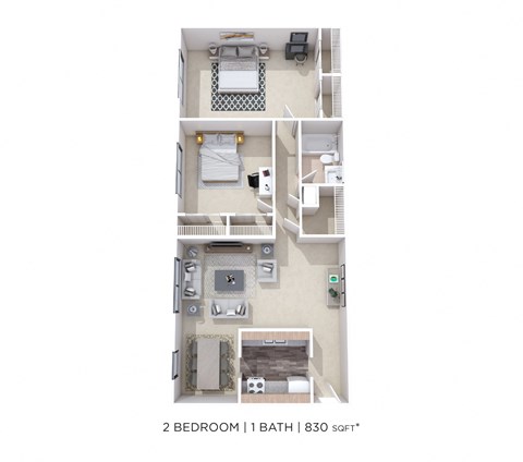 Floor plan for 2 beds, 1 bath, 830 sqft