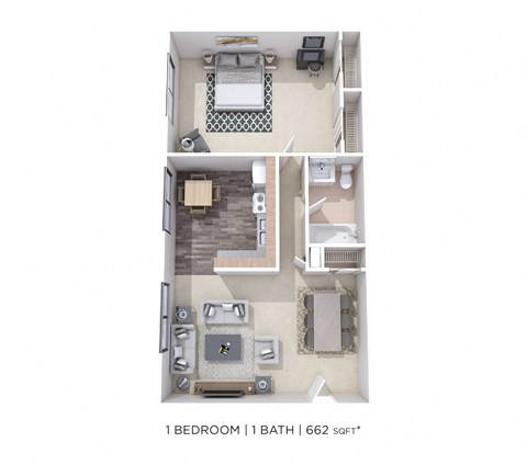 Floor plan for 1 bed, 1 bath, 662 sqft