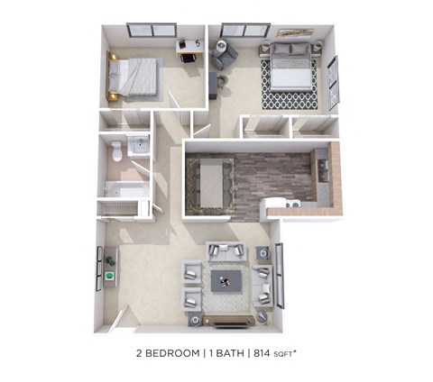 Floor plan for 2 beds, 1 bath, 814 sqft