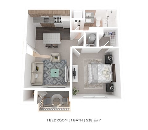 Floor plan for 1 bed, 1 bath, 538 sqft
