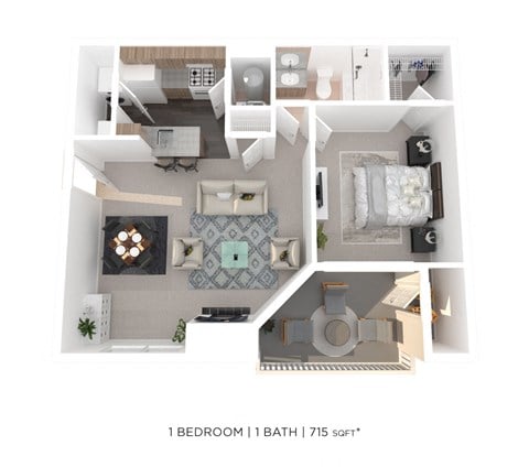 Floor plan for 1 bed, 1 bath, 715 sqft
