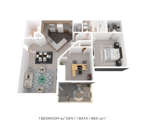 Floor plan for 1 bed, 1 bath, 863 sqft