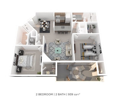 Floor plan for 2 beds, 2 baths, 939 sqft