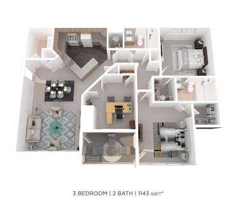 Floor plan for 3 beds, 2 baths, 1143 sqft