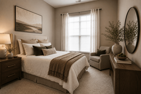 Cornelius apartment for rent - A bedroom with a large bed, a chair, and a painting on the wall.