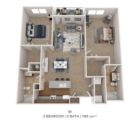 Floor plan for 2 beds, 2 baths, 1159 sqft
