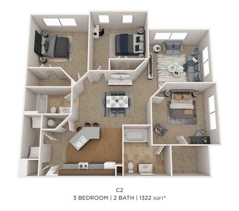 Floor plan for 3 beds, 2 baths, 1322 sqft