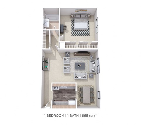Floor plan for 1 bed, 1 bath, 665 sqft