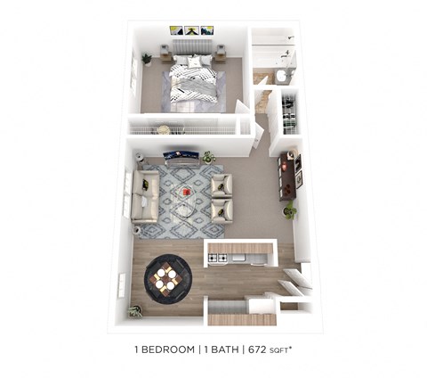 Floor plan for 1 bed, 1 bath, 695 sqft