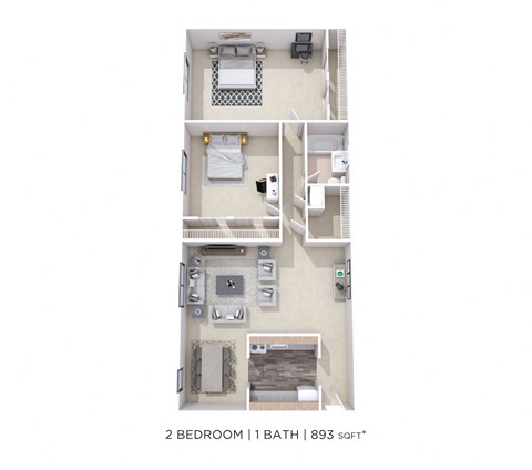 Floor plan for 2 beds, 1 bath, 950 sqft