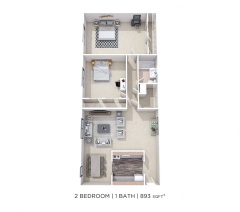 Floor plan for 2 beds, 1 bath, 950 sqft