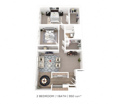 Floor plan for 2 beds, 1 bath, 972 sqft
