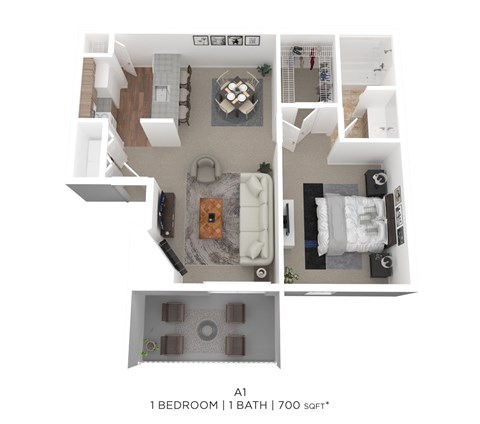 Floor plan for 1 bed, 1 bath, 700 sqft