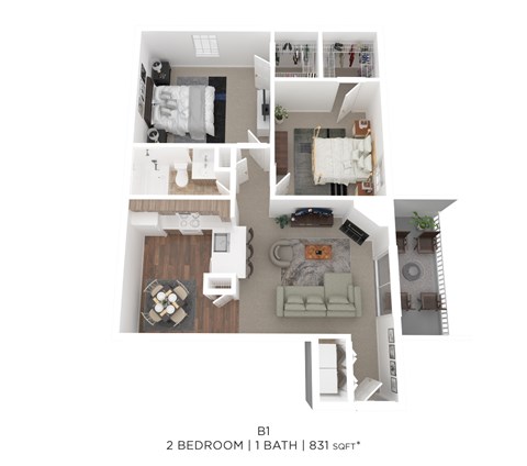 Floor plan for 2 beds, 1 bath, 831 sqft
