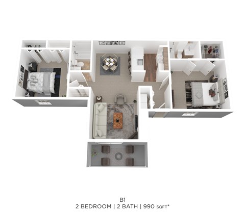 Floor plan for 2 beds, 2 baths, 990 sqft