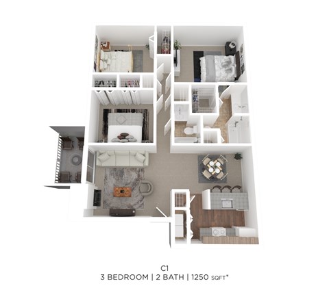 Floor plan for 3 beds, 2 baths, 1250 sqft