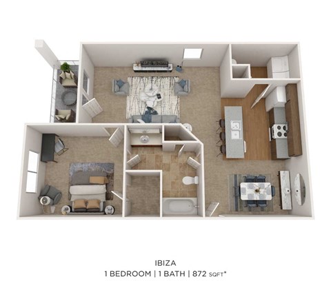 Floor plan for 1 bed, 1 bath, 872 sqft