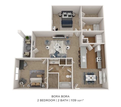 Floor plan for 2 beds, 2 baths, 1139 sqft
