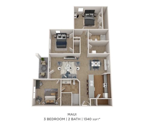 Floor plan for 3 beds, 2 baths, 1340 sqft