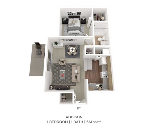 Floor plan for 1 bed, 1 bath, 661 sqft