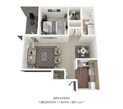 Floor plan for 1 bed, 1 bath, 867 sqft