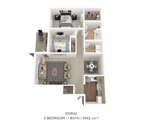 Floor plan for 2 beds, 1 bath, 1042 sqft