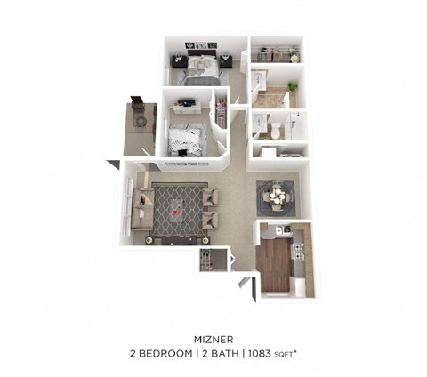 Floor plan for 2 beds, 2 baths, 1083 sqft