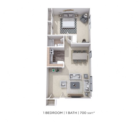 Floor plan for 1 bed, 1 bath, 700 sqft
