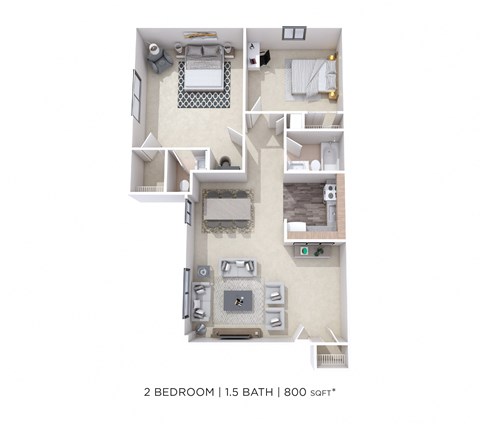 Floor plan for 2 beds, 1.5 baths, 800 sqft