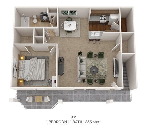 Floor plan for 1 bed, 1 bath, 855 sqft