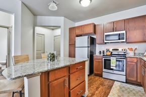 Saint Charles apartment for rent - A kitchen with wooden cabinets and a granite countertop.